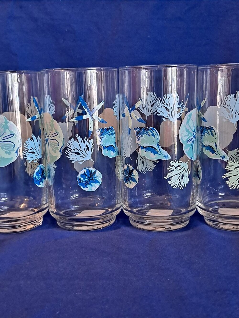Set 4 Royal Norfolk SHORE LIVING GLASSES Sea Shells Ocean Tumblers Drink 16 oz